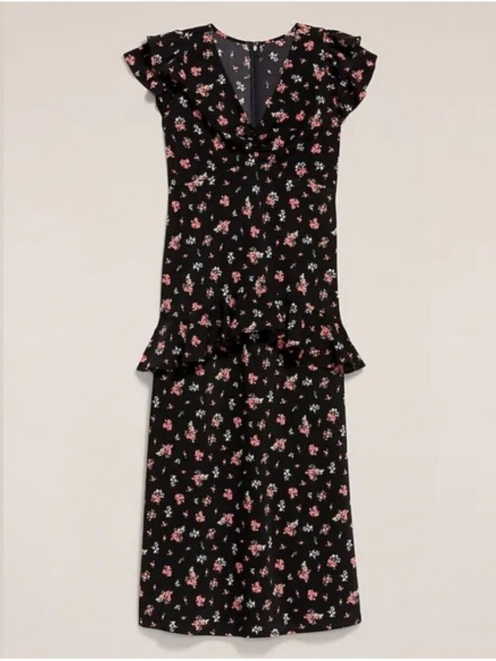 Old Navy Black Anna Sui Midi Dress with Pink Floral Print
